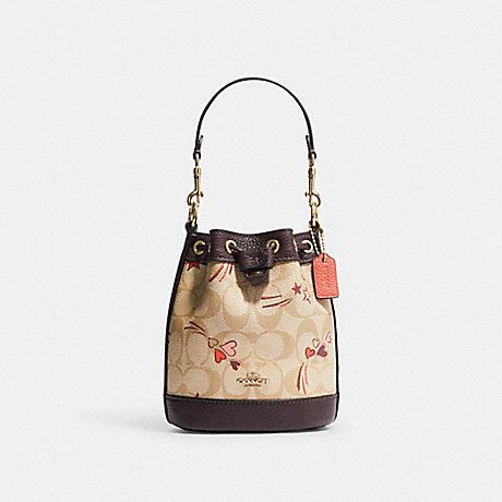 COACH CK524 Mini Dempsey Bucket Bag In Signature Canvas With Heart And Star Print Gold/Light Khaki Multi