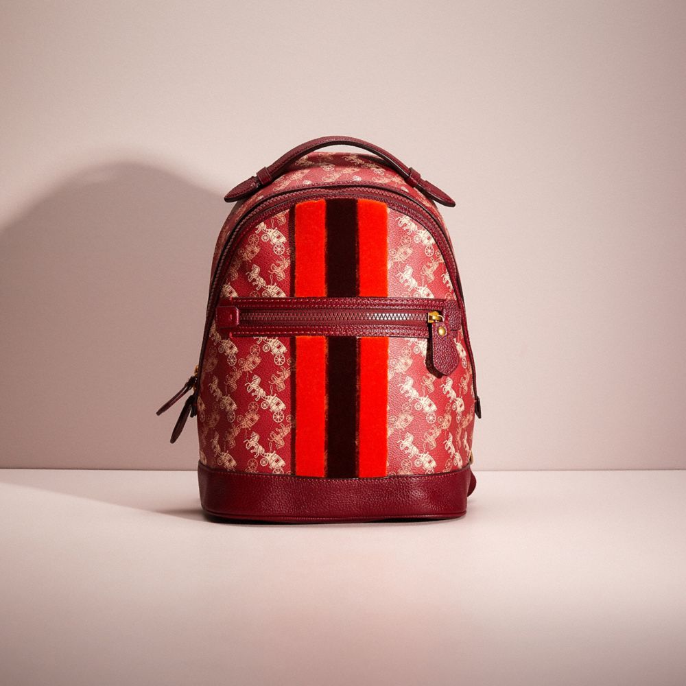 CK591 - Restored Barrow Backpack With Horse And Carriage Print And Varsity Stripe Brass/Red Deep Red