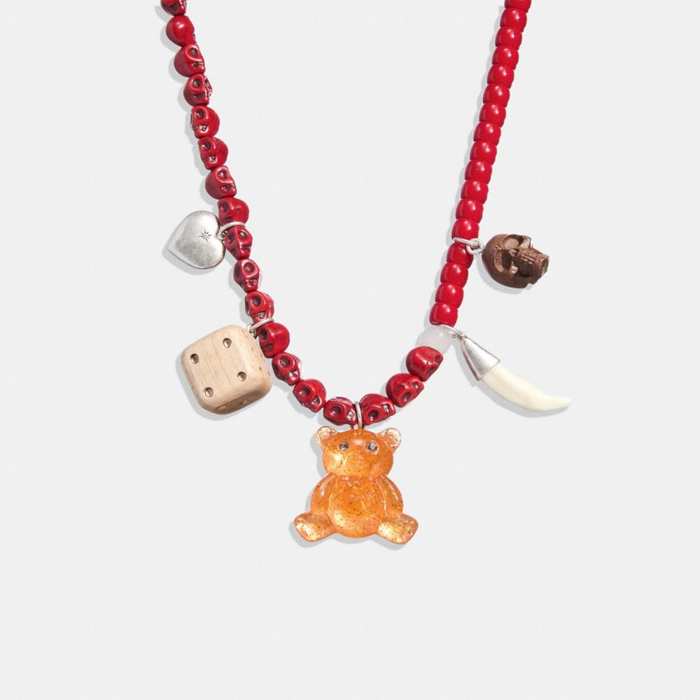 CK746 - Teddy Bear Charm Necklace Silver/Red