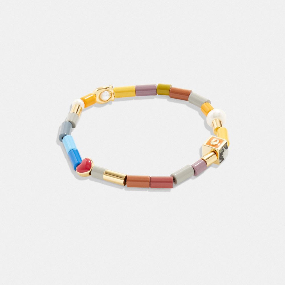 COACH CL169 Signature And Heart Rainbow Beaded Stretch Bracelet Gold/Multi