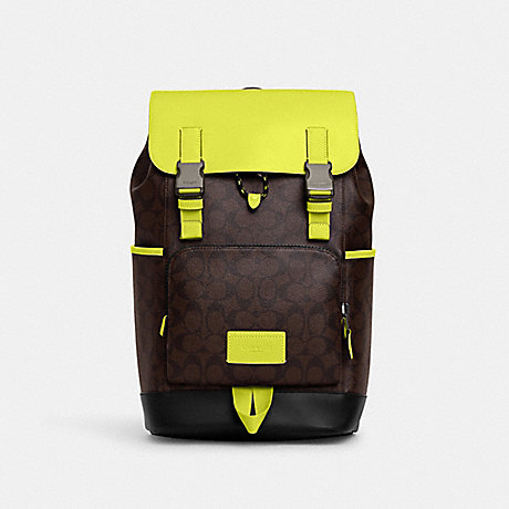 COACH CL417 Track Backpack In Colorblock Signature Canvas Qb/Mahogany/Bright Yellow