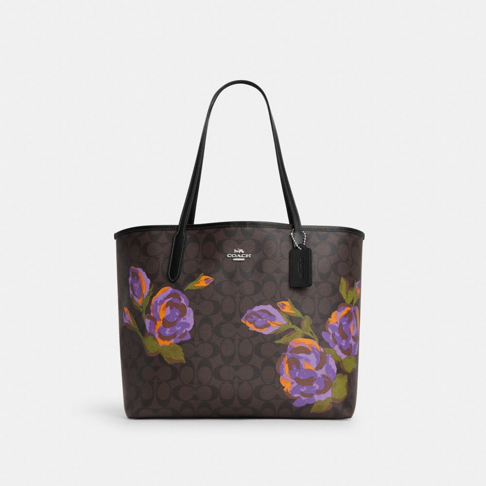 COACH CL420 City Tote In Signature Canvas With Rose Print SV/BROWN/IRIS MULTI