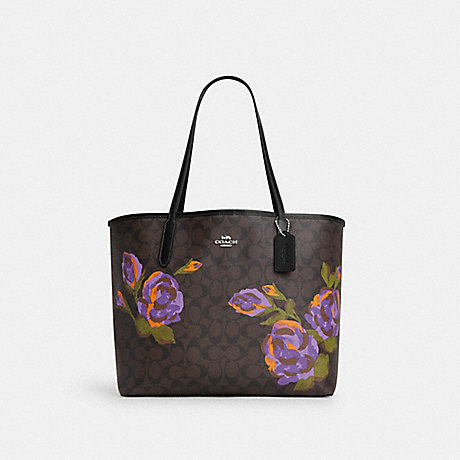 COACH CL420 City Tote In Signature Canvas With Rose Print Sv/Brown/Iris Multi