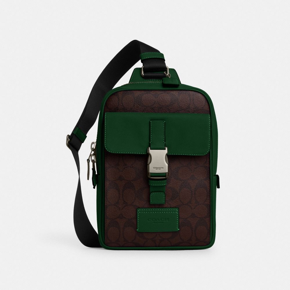 COACH CL432 Track Pack In Colorblock Signature Canvas Black Antique Nickel/Mahogany/Dark Pine