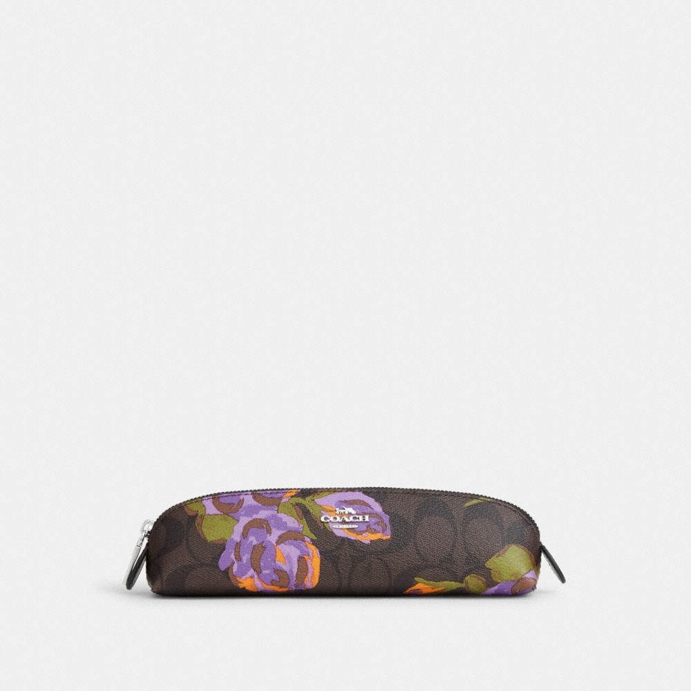 COACH CL454 Pencil Case In Signature Canvas With Rose Print Sv/Brown/Iris Multi