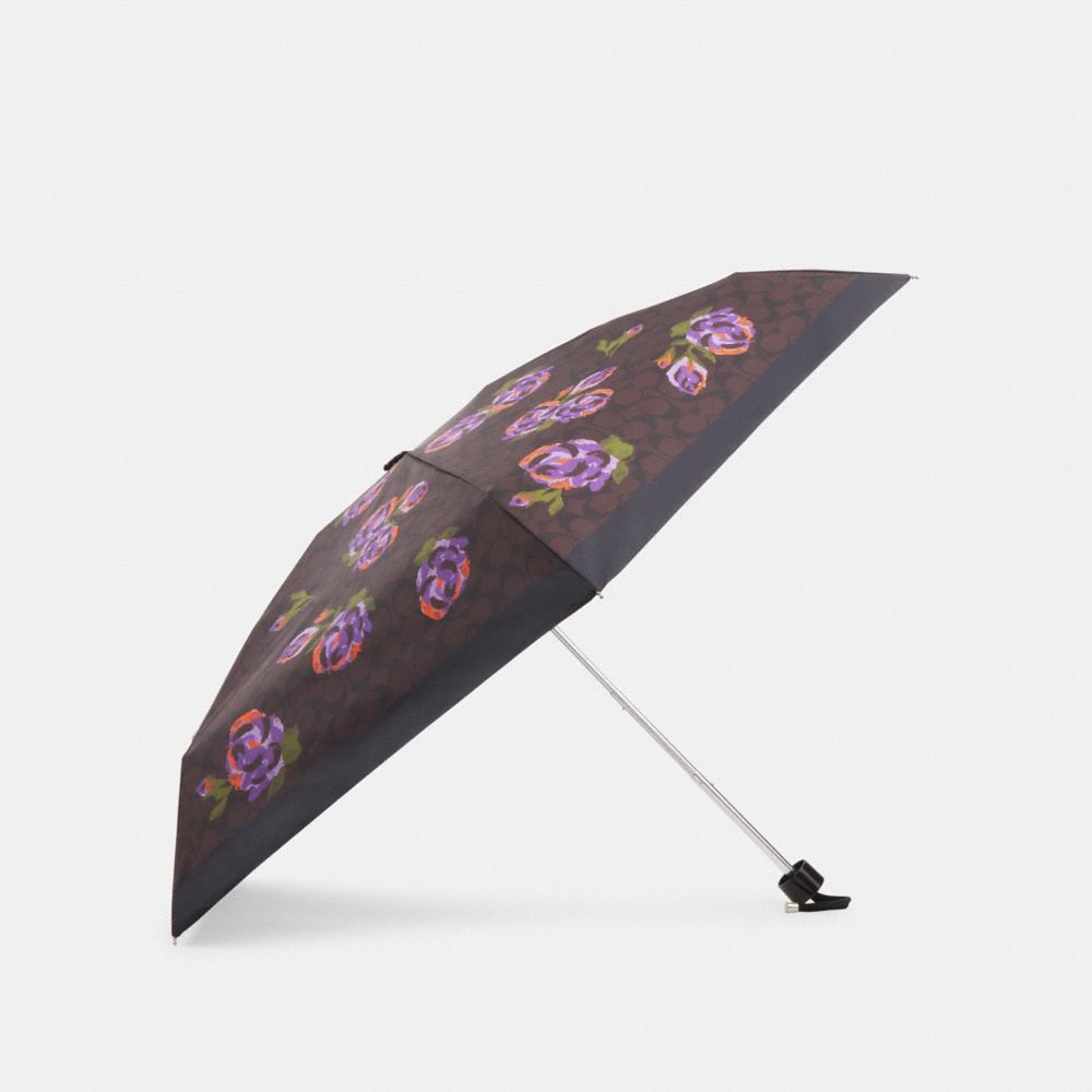 COACH CL455 Mini Umbrella In Signature Rose Print SV/BROWN/IRIS MULTI