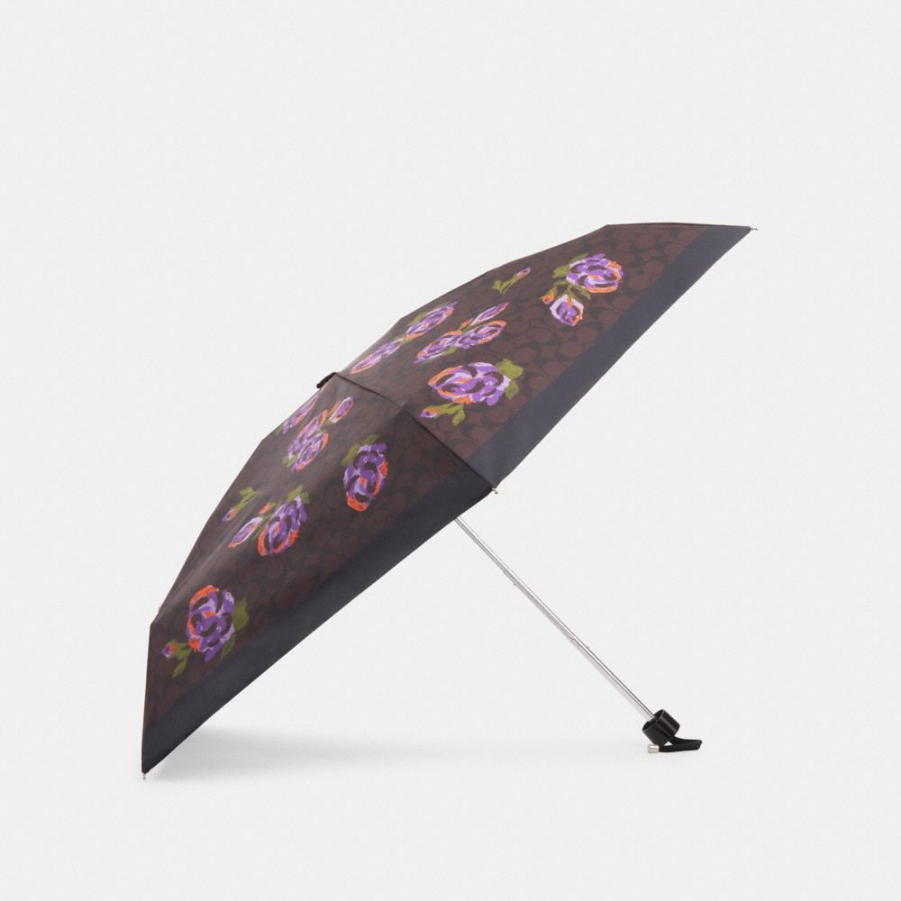 COACH CL455 Mini Umbrella In Signature Rose Print Sv/Brown/Iris Multi