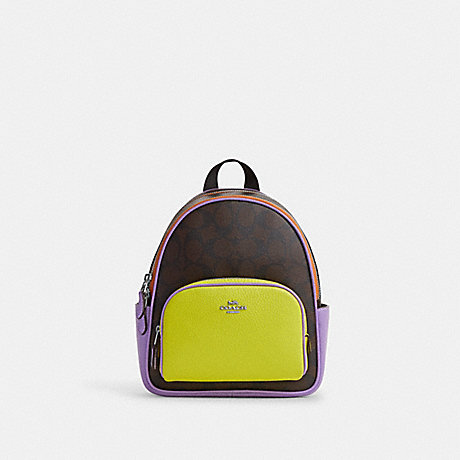 COACH CL470 Mini Court Backpack In Colorblock Signature Canvas Sv/Brown/Iris Multi