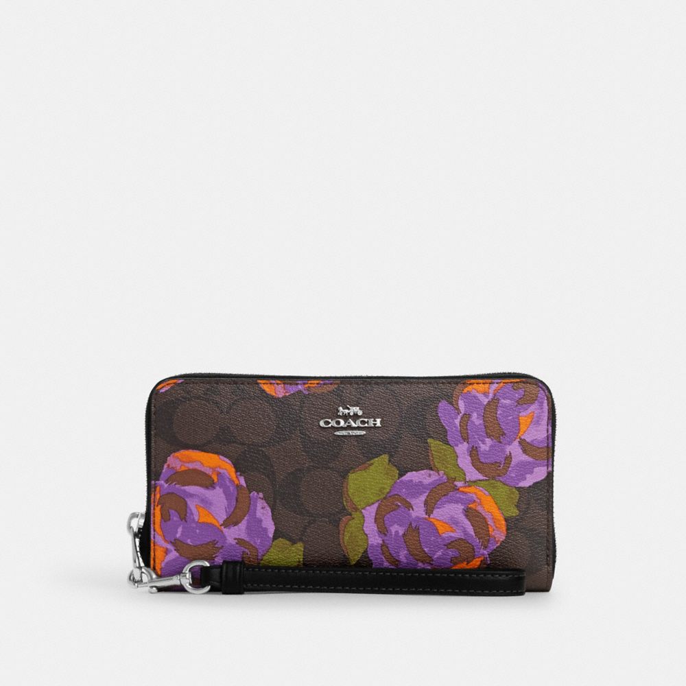 Long Zip Around Wallet In Signature Canvas With Rose Print - CL473 - Sv/Brown/Iris Multi