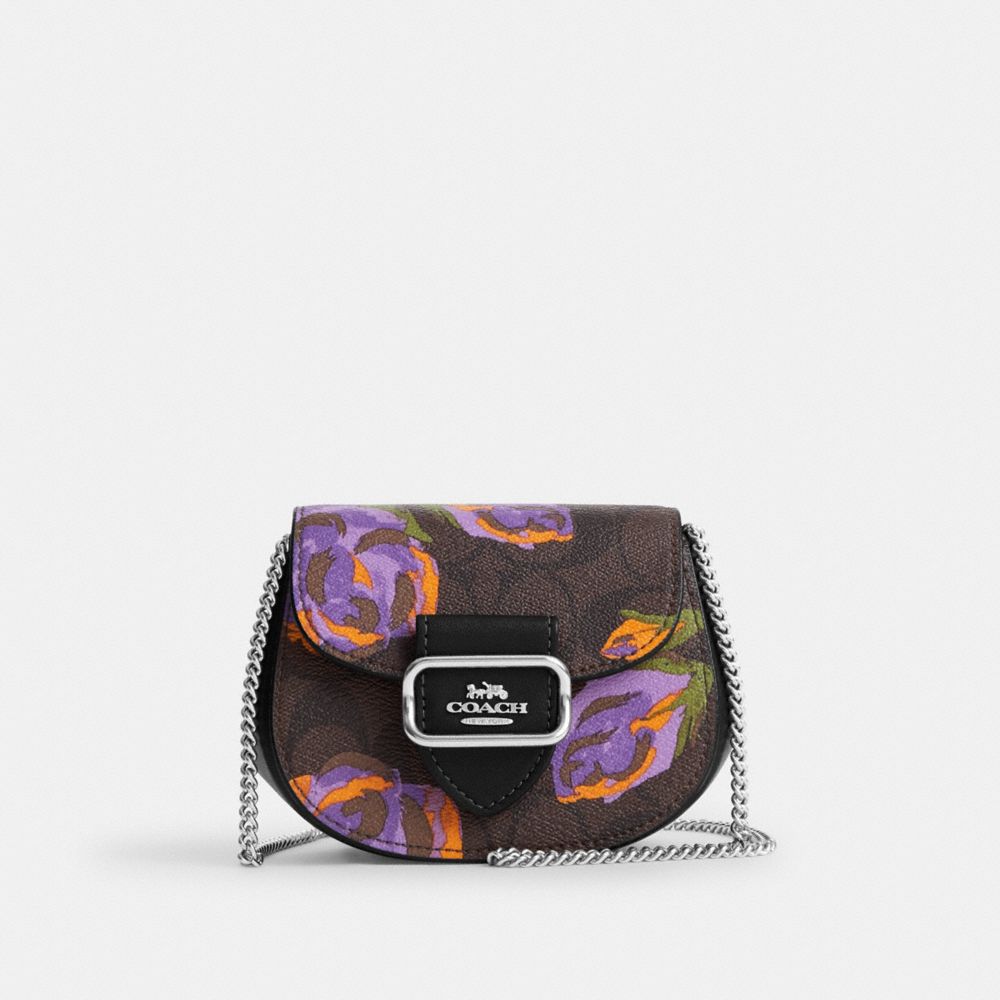 Morgan Card Case On A Chain In Signature Canvas With Rose Print - CL661 - Sv/Brown/Iris Multi