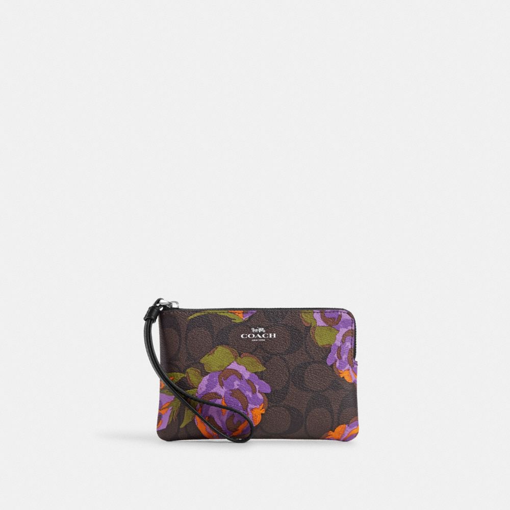 Corner Zip Wristlet In Signature Canvas With Rose Print - CL663 - Sv/Brown/Iris Multi