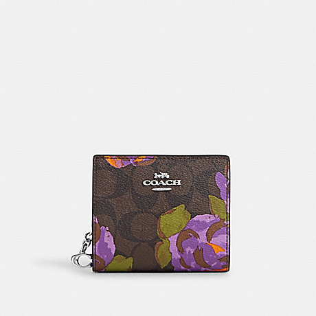 COACH CL664 Snap Wallet In Signature Canvas With Rose Print Sv/Brown/Iris-Multi