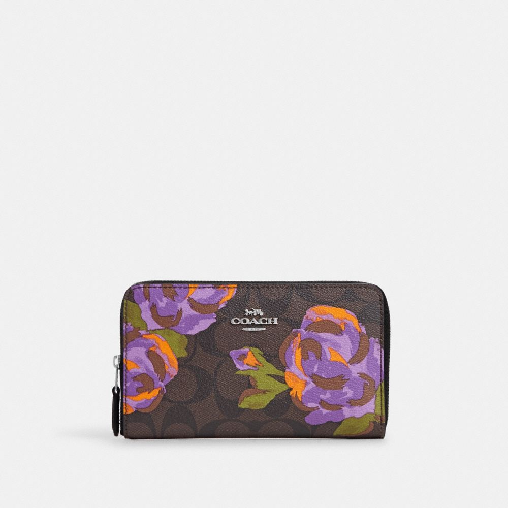 Medium Id Zip Wallet In Signature Canvas With Rose Print - CL672 - Sv/Brown/Iris Multi