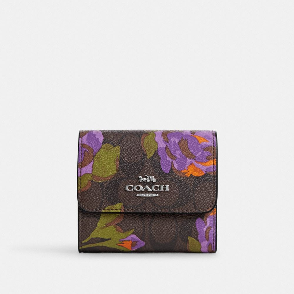 COACH CL673 Small Trifold Wallet In Signature Canvas With Rose Print SV/BROWN/IRIS MULTI