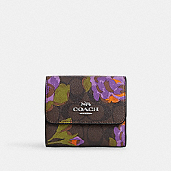 COACH CL673 Small Trifold Wallet In Signature Canvas With Rose Print SV/BROWN/IRIS MULTI