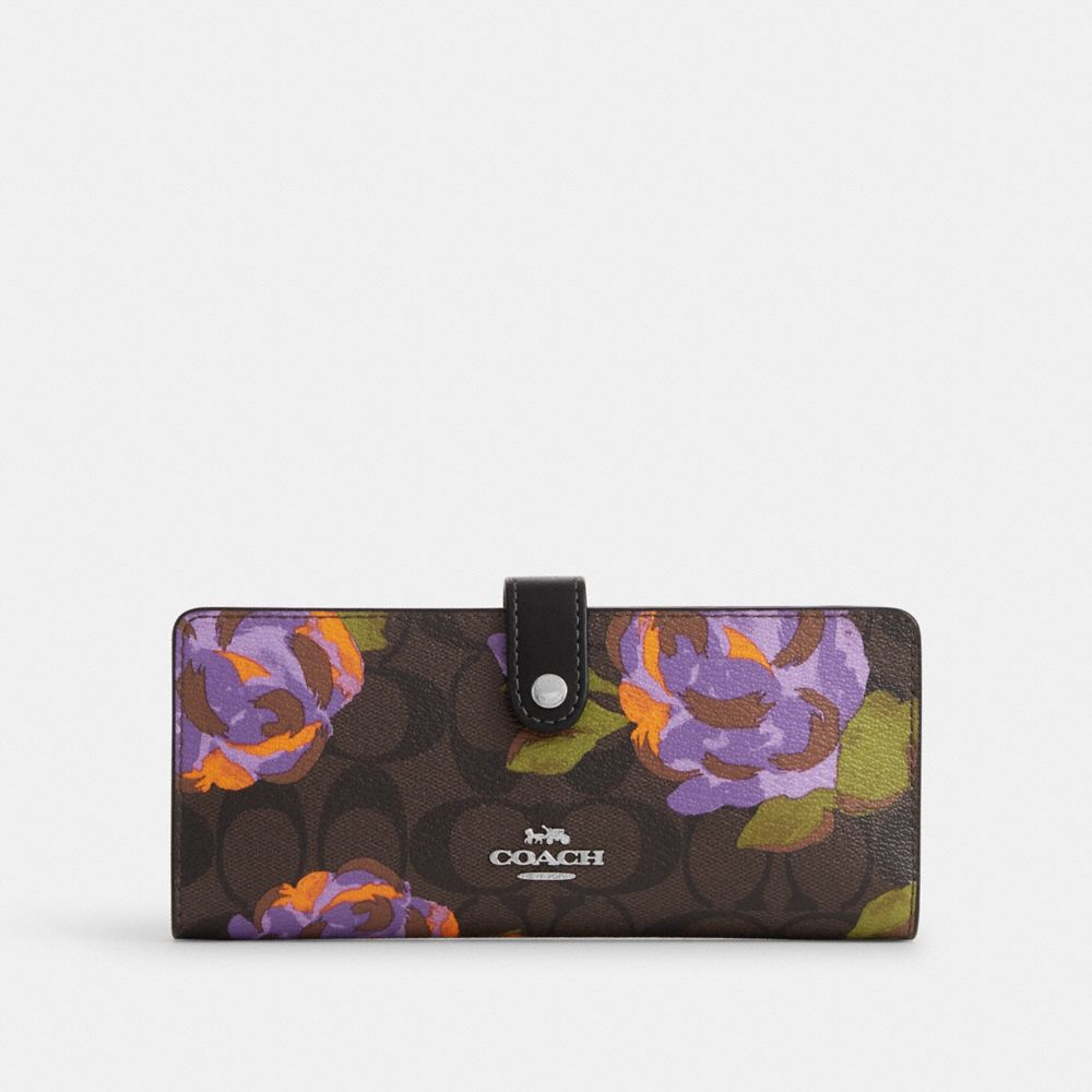 Slim Wallet In Signature Canvas With Rose Print - CL678 - Sv/Brown/Iris Multi