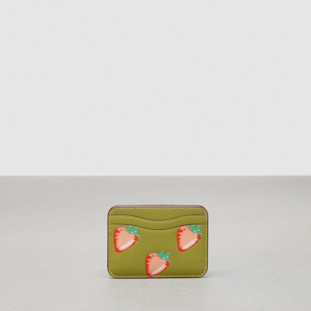COACH CL768 Wavy Card Case In Coachtopia Leather With Strawberry Print LIME GREEN MULTI