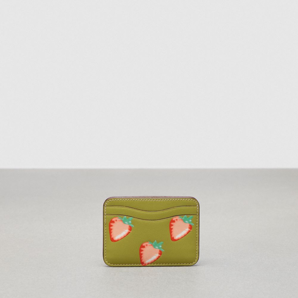 COACH CL768 Wavy Card Case In Coachtopia Leather With Strawberry Print Lime Green Multi