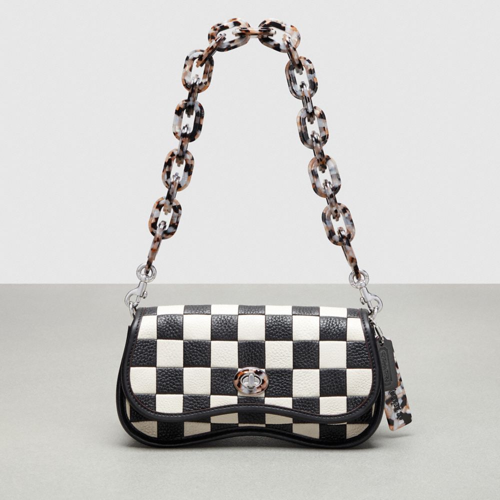 Wavy Dinky Bag In Patchwork Checkerboard Upcrafted Leather - CL769 - Black/Chalk
