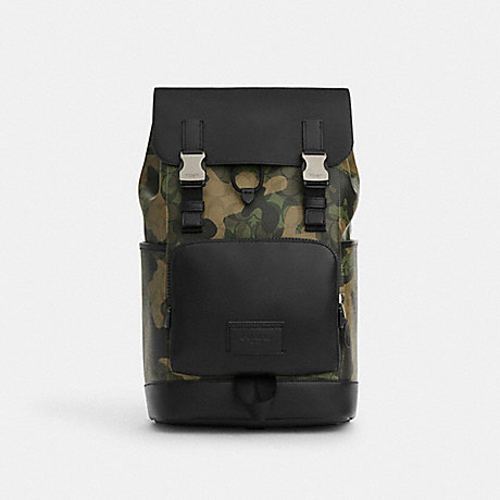 COACH CL943 Track Backpack In Signature Canvas With Camo Print Gunmetal/Green-Multi