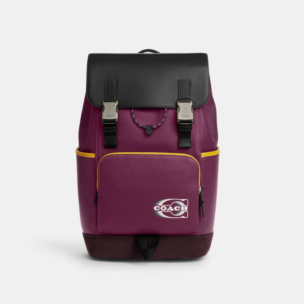 COACH CL945 Track Backpack In Colorblock With Coach Stamp Black Antique Nickel/Deep Berry Multi