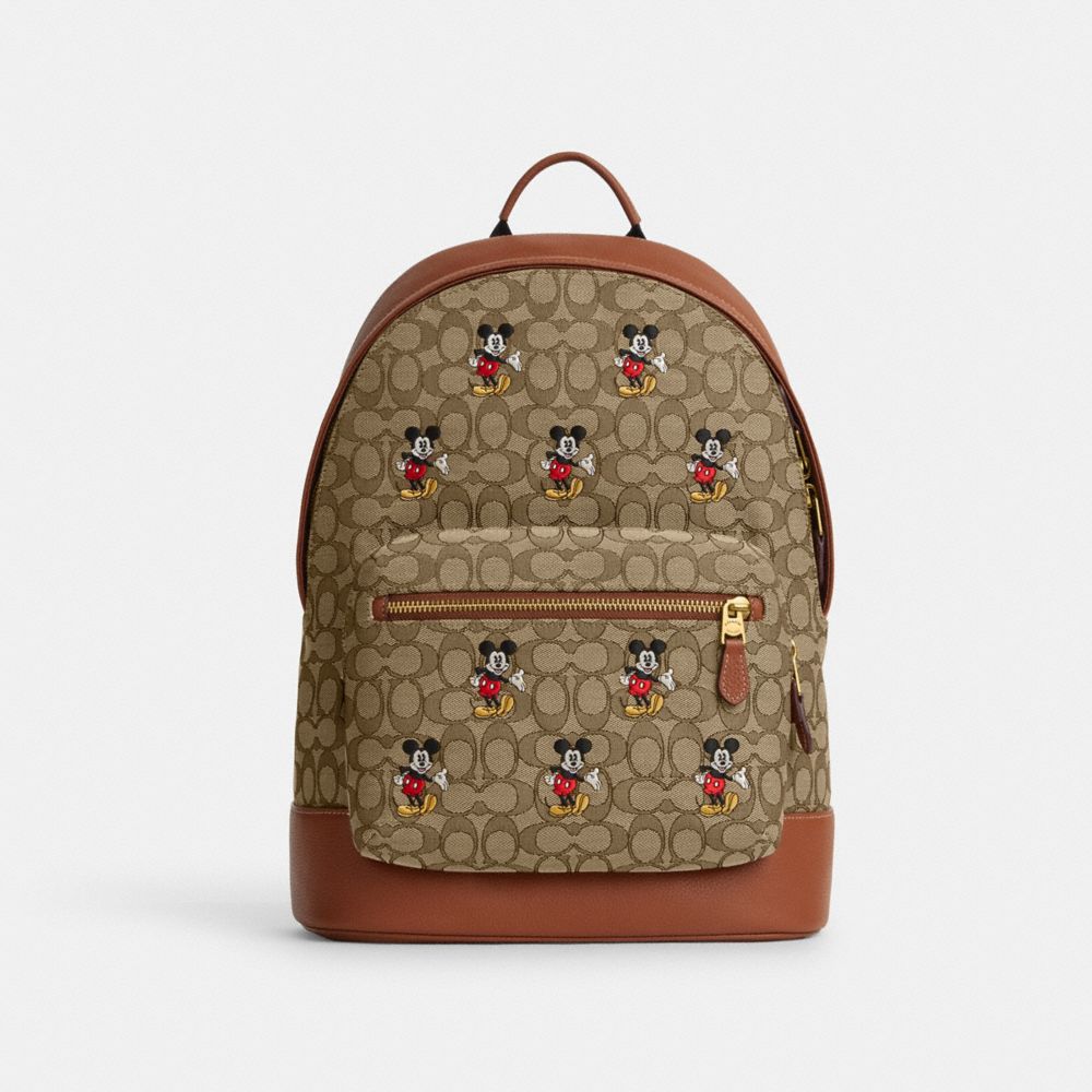 COACH CL950 Disney X Coach West Backpack In Signature Jacquard With Mickey Mouse Print BRASS/KHAKI MULTI