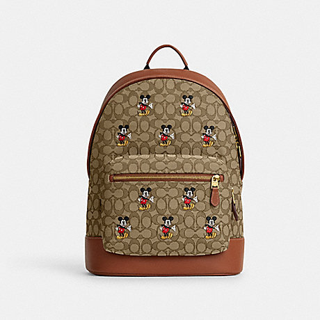 COACH CL950 Disney X Coach West Backpack In Signature Jacquard With Mickey Mouse Print Brass/Khaki Multi