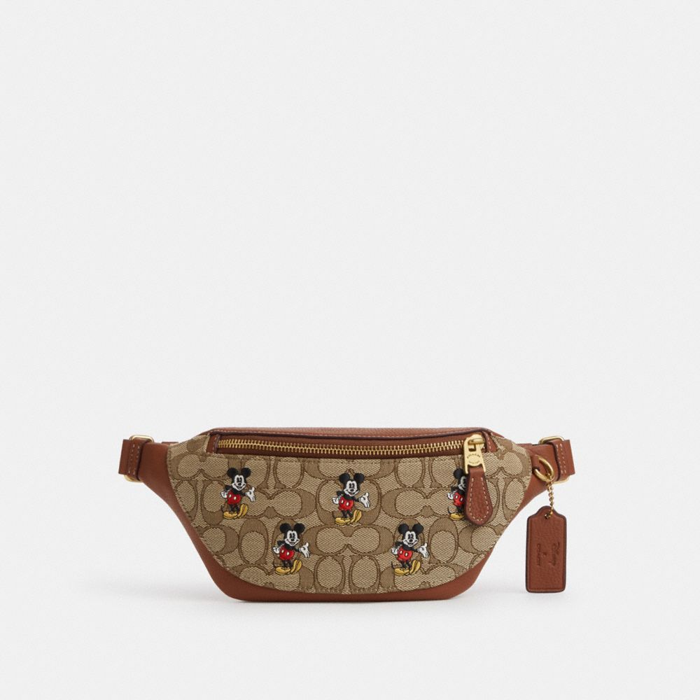 Disney X Coach Warren Mini Belt Bag In Signature Jacquard With Mickey Mouse Print - CL961 - Brass/Khaki Multi