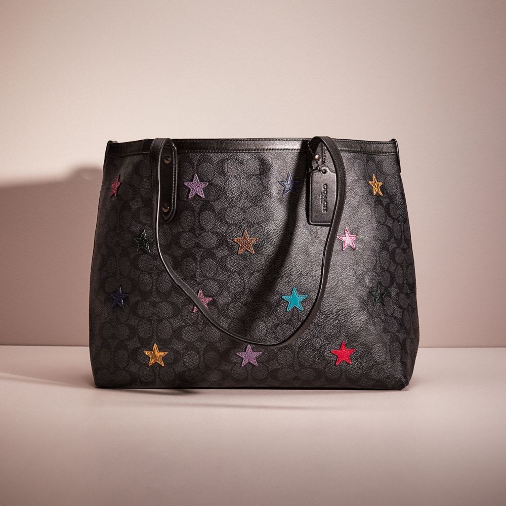 CL989 - Restored Central Tote In Signature Canvas With Star Applique And Snakeskin Detail Charcoal/Multi/Pewter