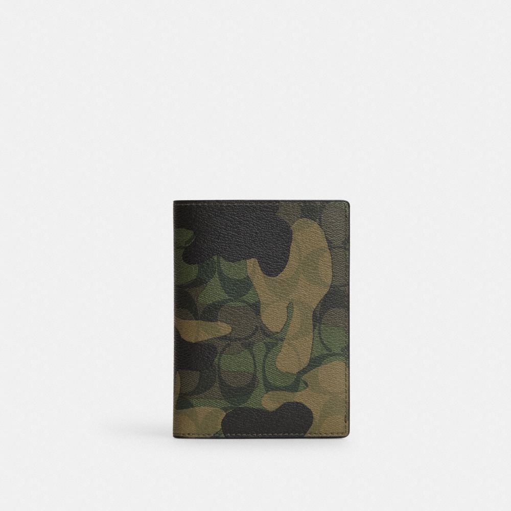 COACH CM032 Passport Case In Signature Canvas With Camo Print Gunmetal/Green Multi