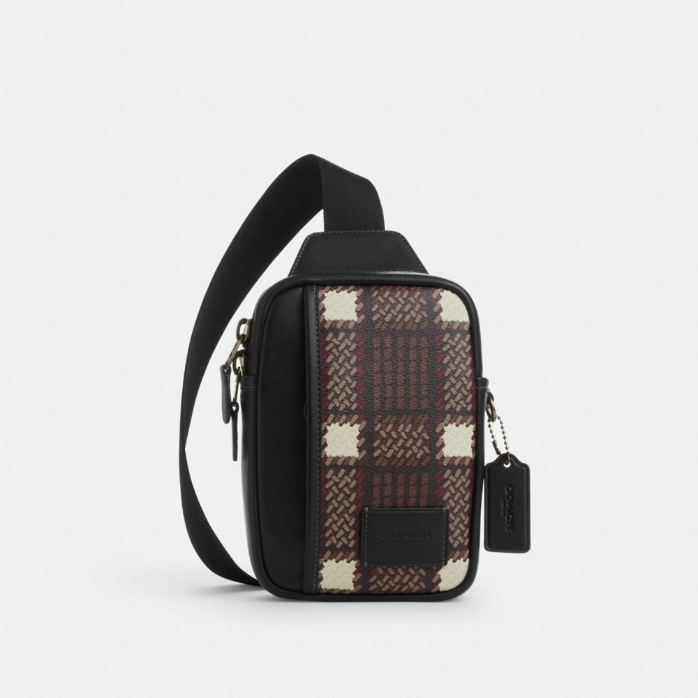 COACH CM035 Edge L Pack With Plaid Print GUNMETAL/BLACK MULTI