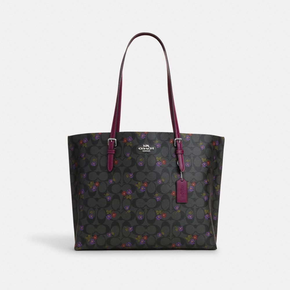 COACH CM073 Mollie Tote In Signature Canvas With Country Floral Print Silver/Graphite/Deep Berry