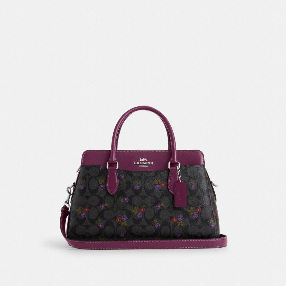 COACH CM077 Darcie Carryall In Signature Canvas With Country Floral Print Silver/Graphite/Deep Berry