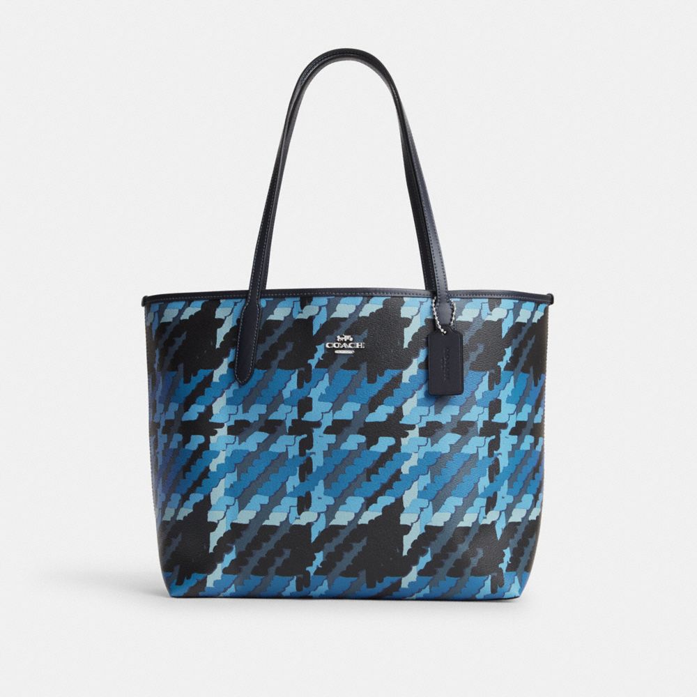 City Tote With Graphic Plaid Print - CM160 - Silver/Blue Multi