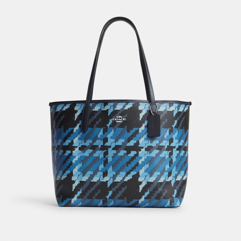 COACH CM160 City Tote With Graphic Plaid Print SILVER/BLUE MULTI