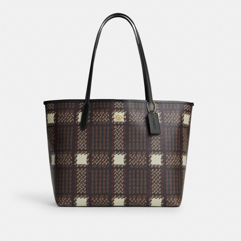 COACH CM162 City Tote With Brushed Plaid Print GOLD/BROWN MULTI