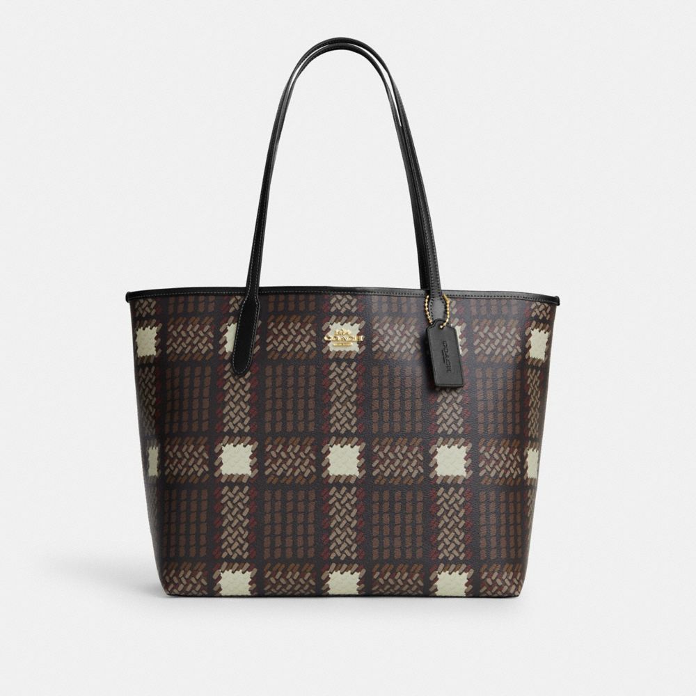 COACH CM162 City Tote With Brushed Plaid Print Gold/Brown Multi