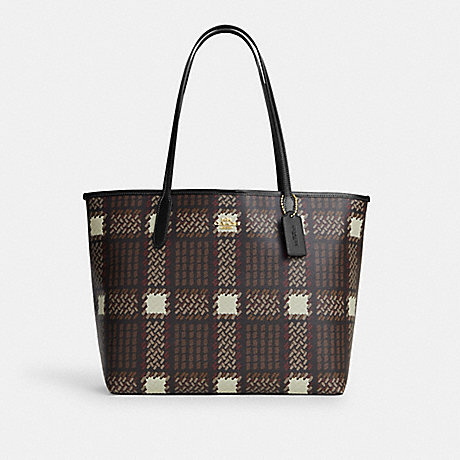 COACH CM162 City Tote With Brushed Plaid Print Gold/Brown Multi