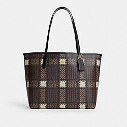 COACH CM162 City Tote With Brushed Plaid Print GOLD/BROWN MULTI