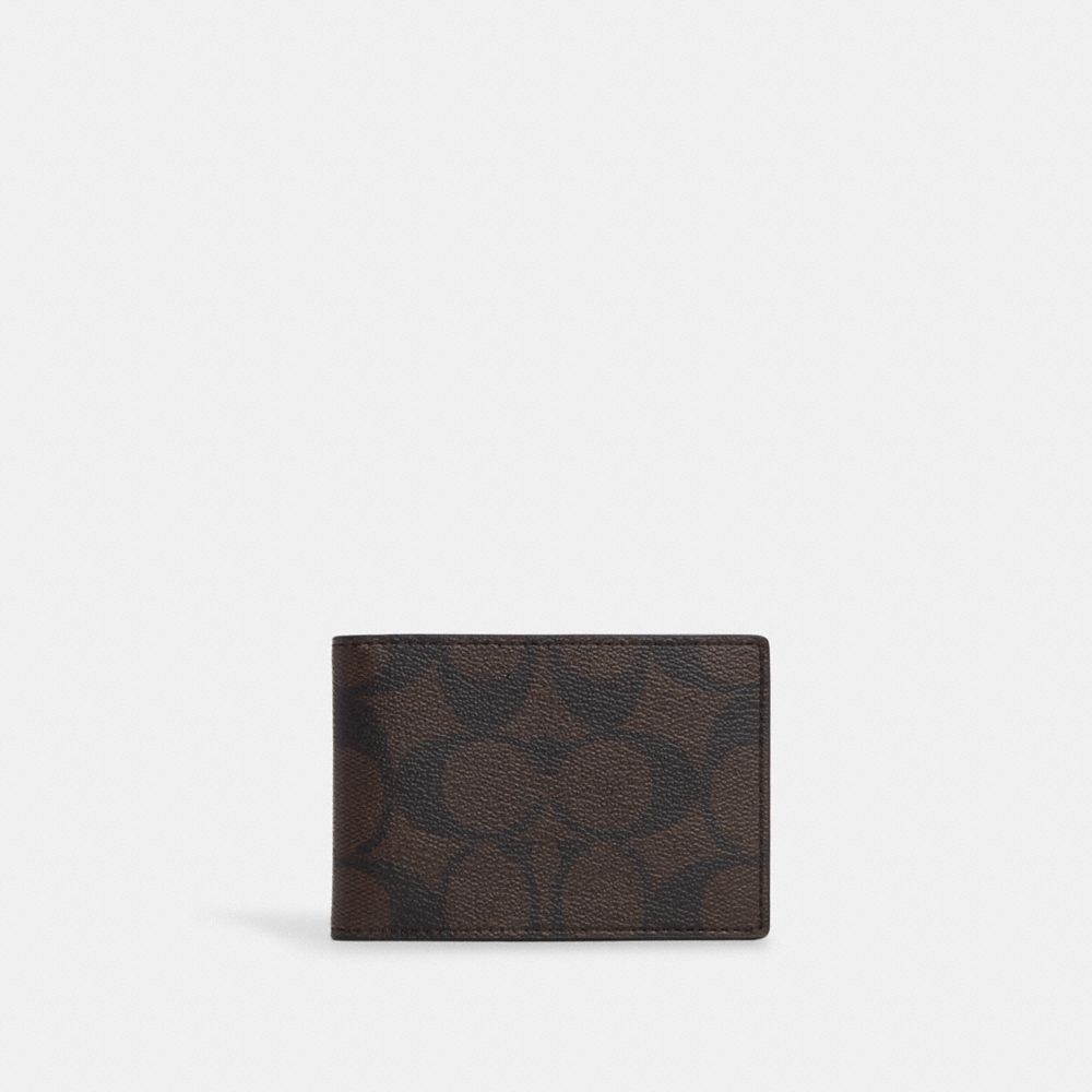 COACH CM166 Compact Billfold Wallet In Signature Canvas Gunmetal/Mahogany/Black