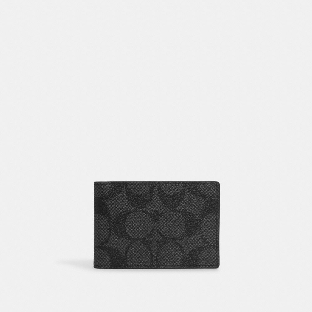 COACH CM166 Compact Billfold Wallet In Signature Canvas Gunmetal/Charcoal/Black