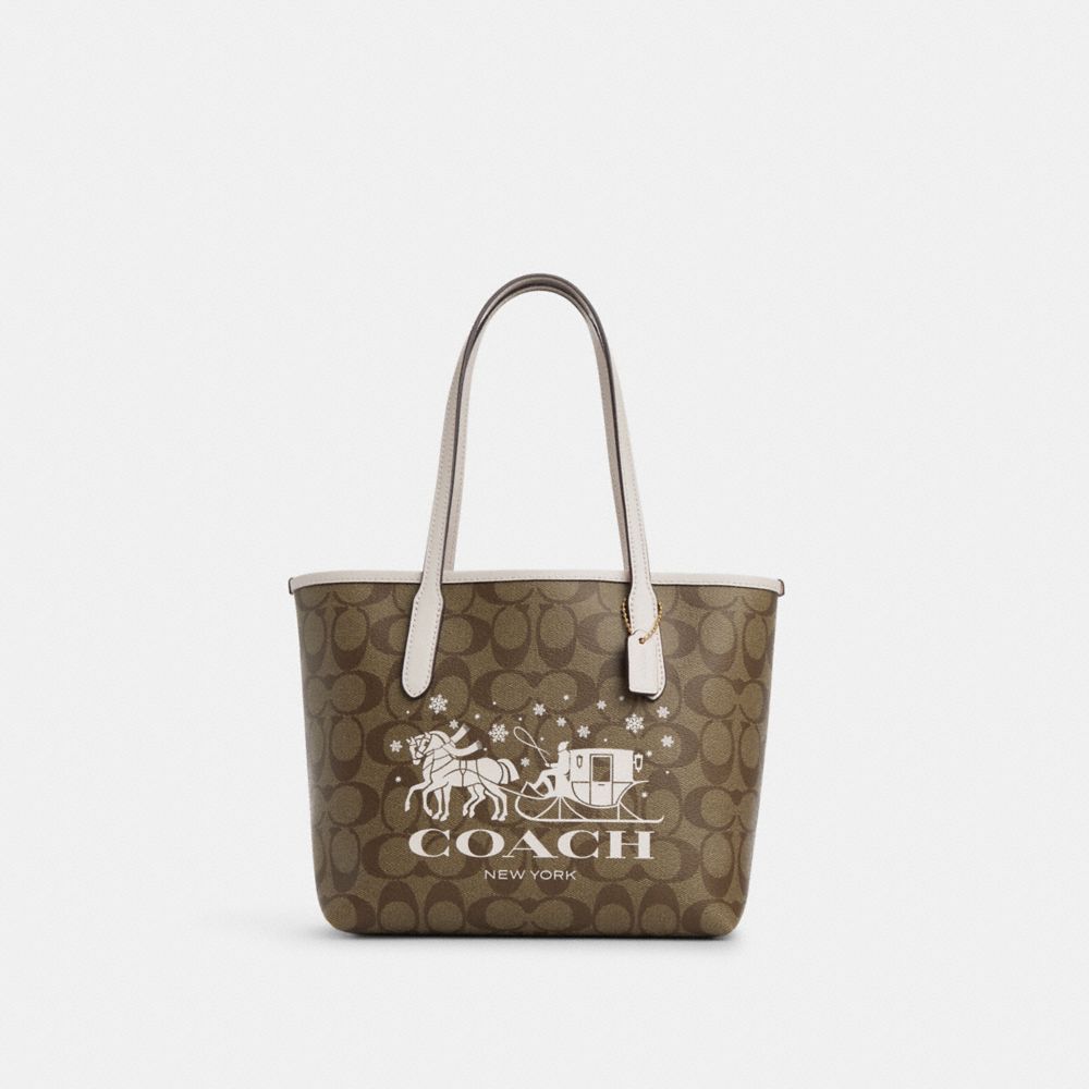 COACH CM183 Mini City Tote In Signature Canvas With Horse And Sleigh GOLD/KHAKI/CHALK