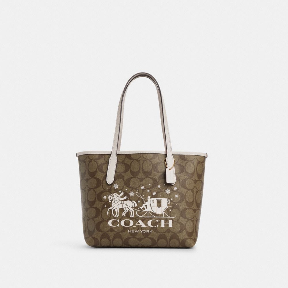 Mini City Tote In Signature Canvas With Horse And Sleigh - CM183 - Gold/Khaki/Chalk