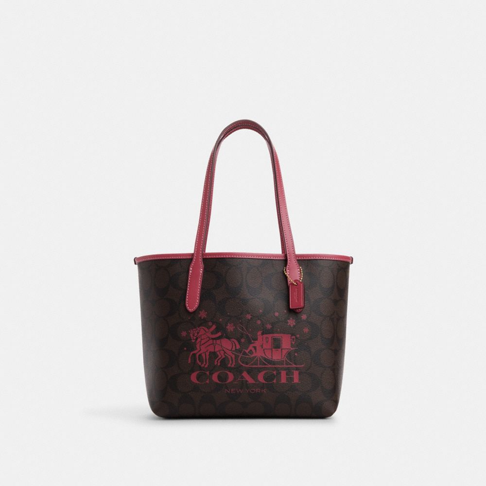 COACH CM183 Mini City Tote In Signature Canvas With Horse And Sleigh Im/Brown/Rouge