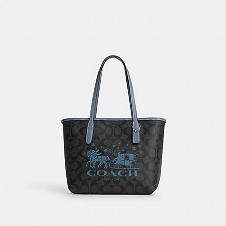 COACH CM183 Mini City Tote In Signature Canvas With Horse And Sleigh Silver/Graphite/Light-Mist
