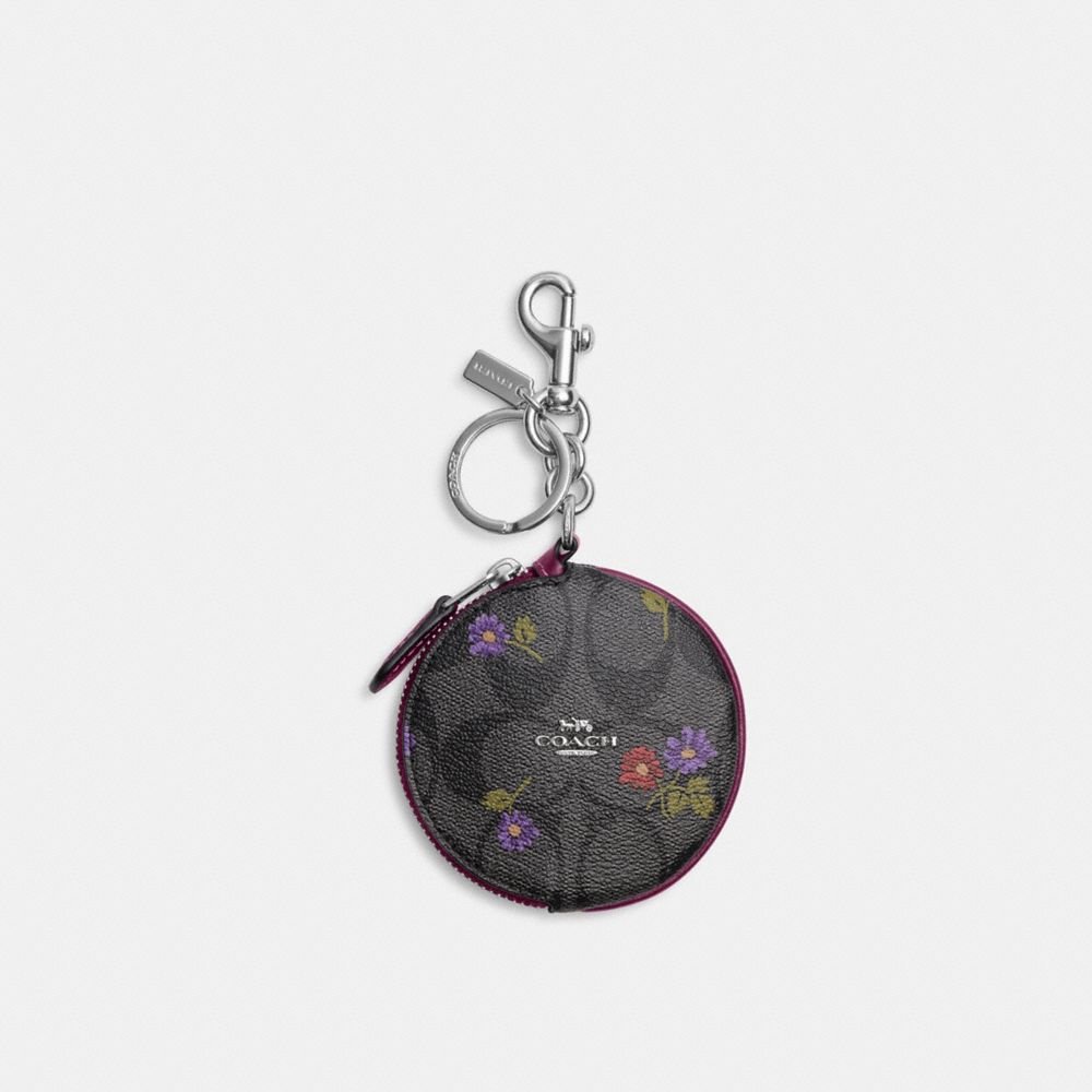 COACH CM317 Circular Coin Pouch In Signature Canas With Country Floral Print Silver/Graphite/Deep Berry