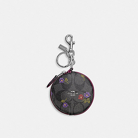 COACH CM317 Circular Coin Pouch In Signature Canas With Country Floral Print Silver/Graphite/Deep-Berry