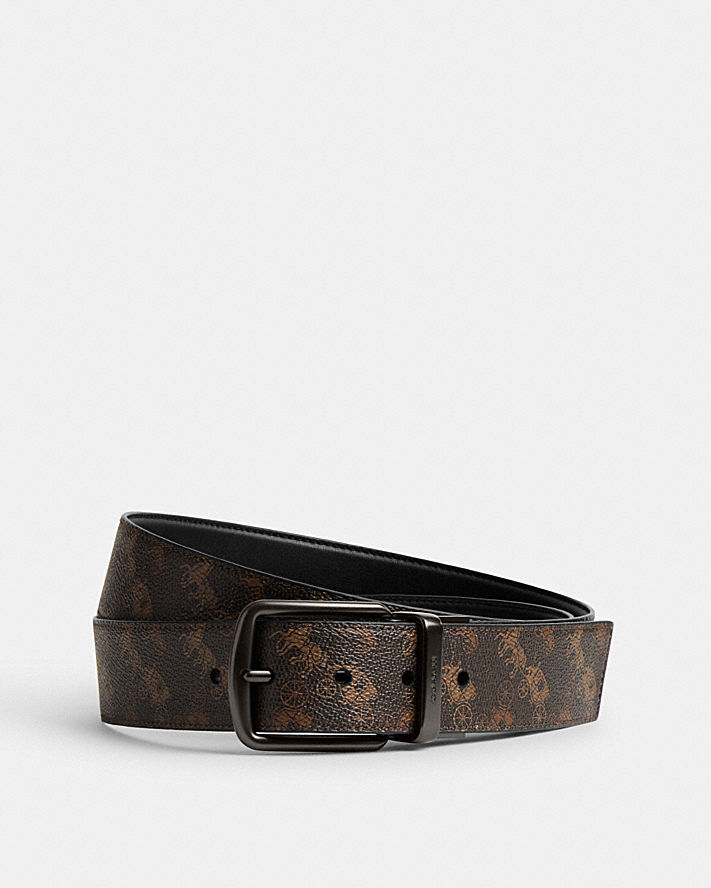 HARNESS BUCKLE CUT-TO-SIZE REVERSIBLE BELT WITH HORSE AND CARRIAGE PRINT, 38MM