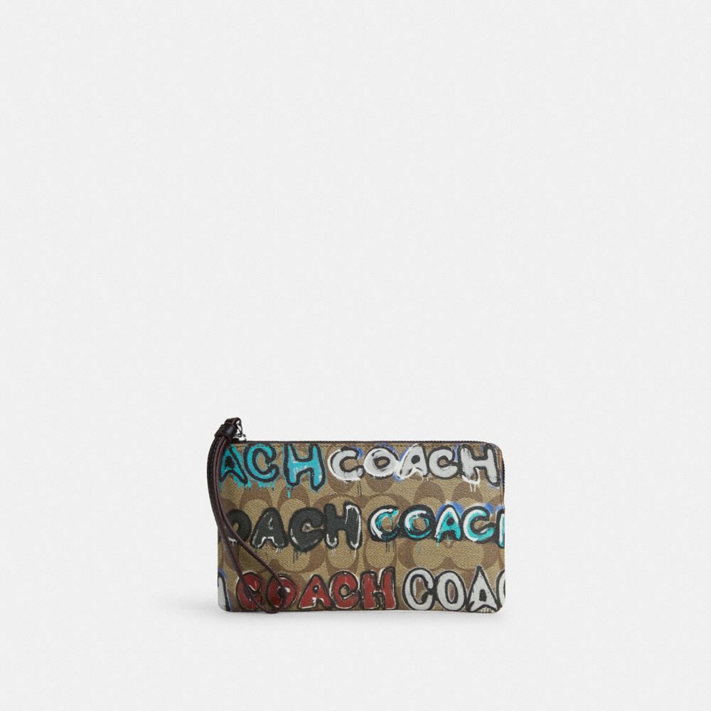 COACH CM673 Coach X Mint + Serf Large Corner Zip Wristlet In Signature Canvas Silver/Khaki Multi