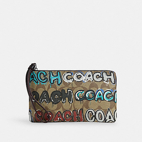 COACH CM673 Coach X Mint + Serf Large Corner Zip Wristlet In Signature Canvas Silver/Khaki-Multi